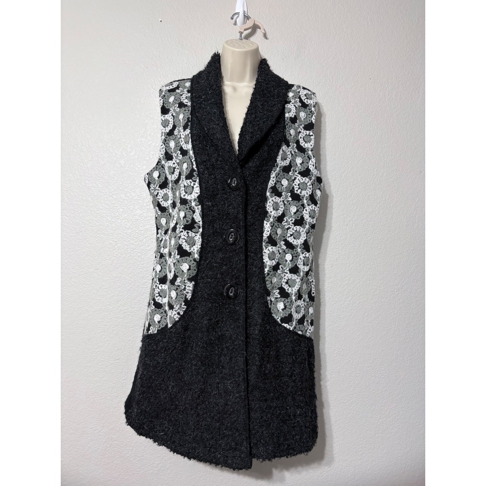 Sioni Studio Womens Large Black Wool Mohair Blend Floral Crochet Boucle Vest
